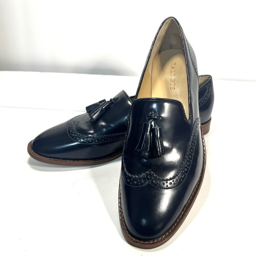 Talbots men's WING TIP TASSLE LOAFER Navy Blue Kid Leather Size 10M EUC